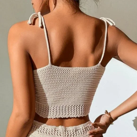 2 piece set Lace Up detailed Cami Knit Crochet Top & Drawstring Waist Sh… - Picture 5 of 8